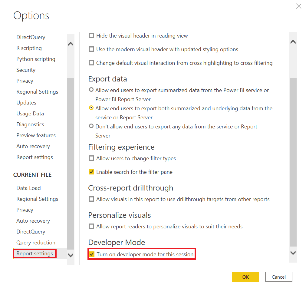 Skærmbillede af udviklertilstand i Power BI Desktop.