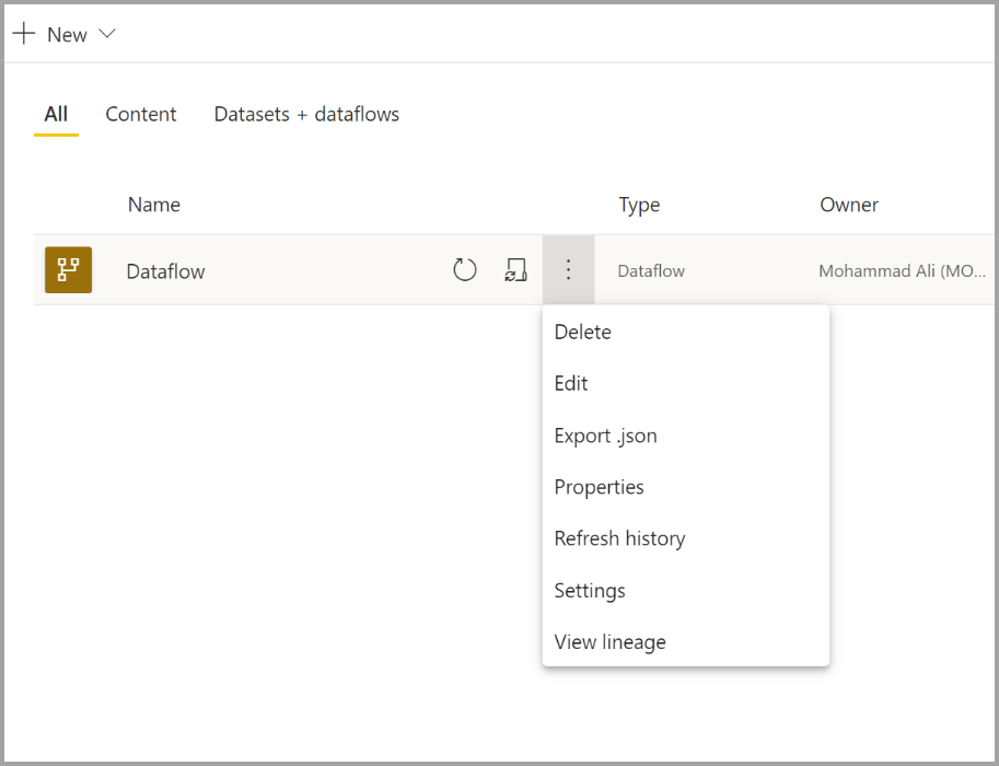 Skærmbillede af rullelistindstillingerne for et Power BI-dataflow.