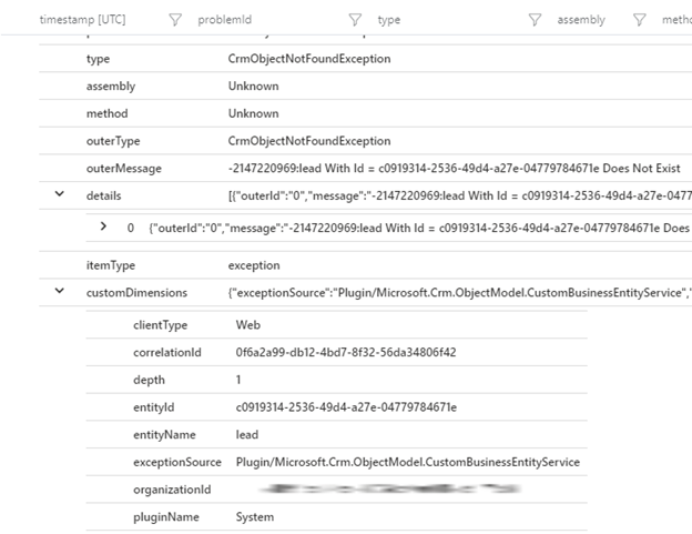 Application Insights-undtagelsestabellens attributdetaljer.