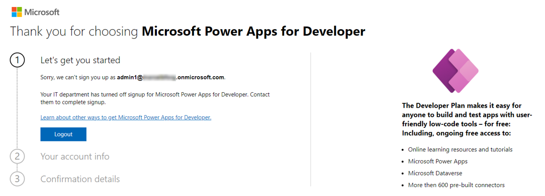 Screenshot of a message that developer environment sign-up is blocked.