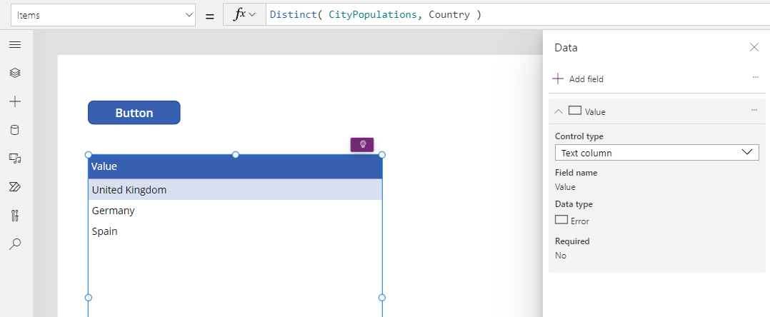 Output fra Distinct funktion, der vises i datatabellen.