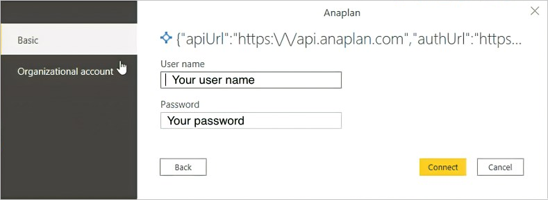 Skærmbillede af Anaplan Connect-dialogen, hvor du indtaster dit brugernavn og din adgangskode.