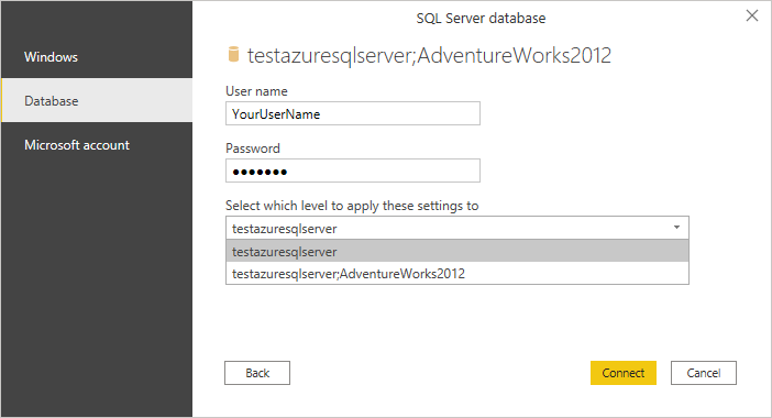 Skærmbillede af autentificeringsdialogen for Azure Synapse Analytics (SQL DW) autentificering.