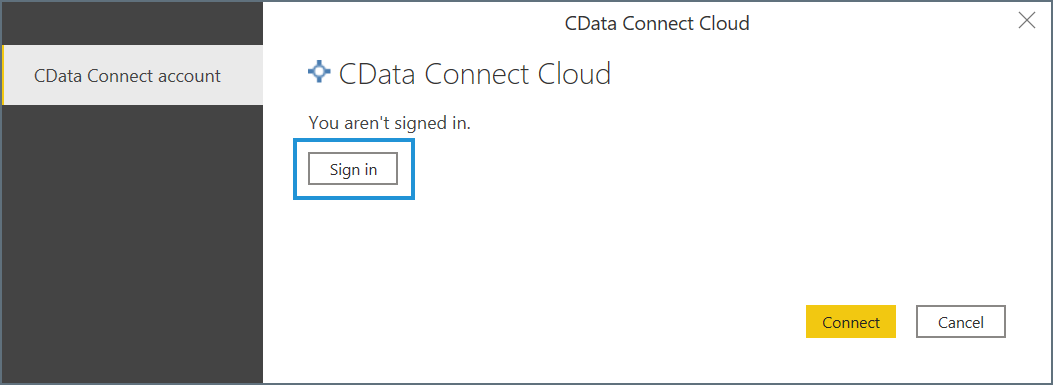 Skærmbillede af godkendelsesdialogen, hvor du logger på din CData Connect-konto.