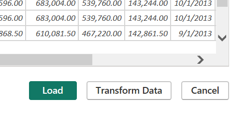 Skærmbillede af indlæsnings- eller transformeringsdata-knapperne.