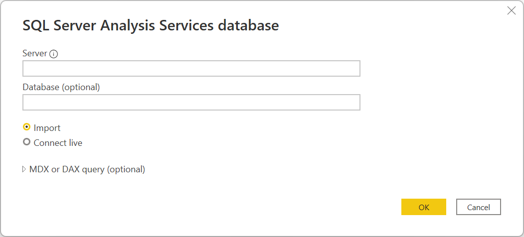 SQL Server Analysis Services databaseforbindelsesbygger i Power Query Desktop.