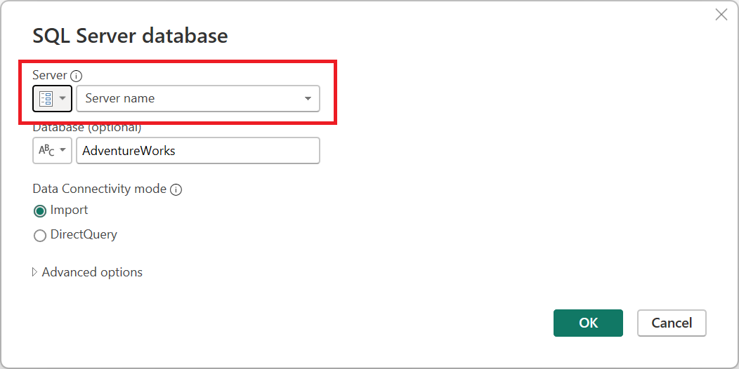 Skærmbillede af dialogboksen SQL Server-database med et parametersæt for servernavn.
