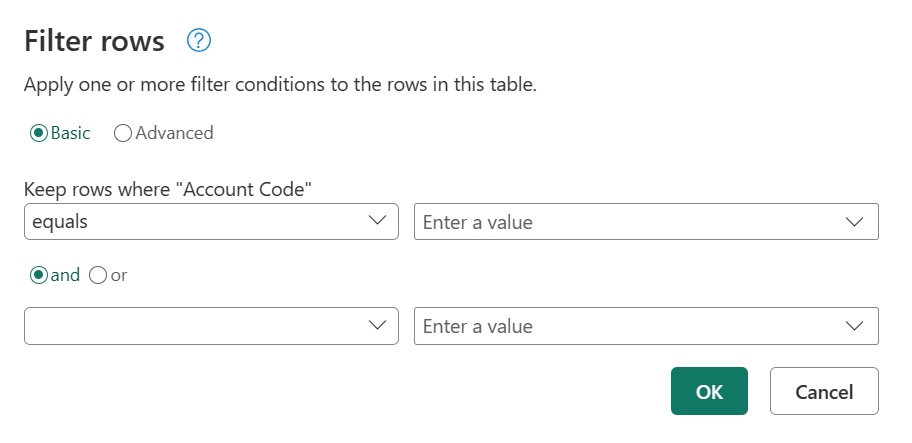 Skærmbillede af en eksempel-filter-række-dialog, åbnet fra tekstkolonnen Account Code, med et filter sat til at begynde med.