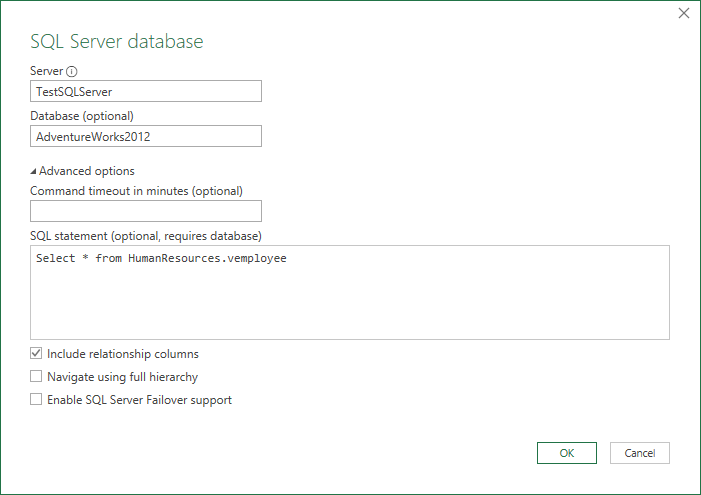 Skærmbillede af SQL Server-databasedialogboksen med en oprindelig databaseforespørgsel.