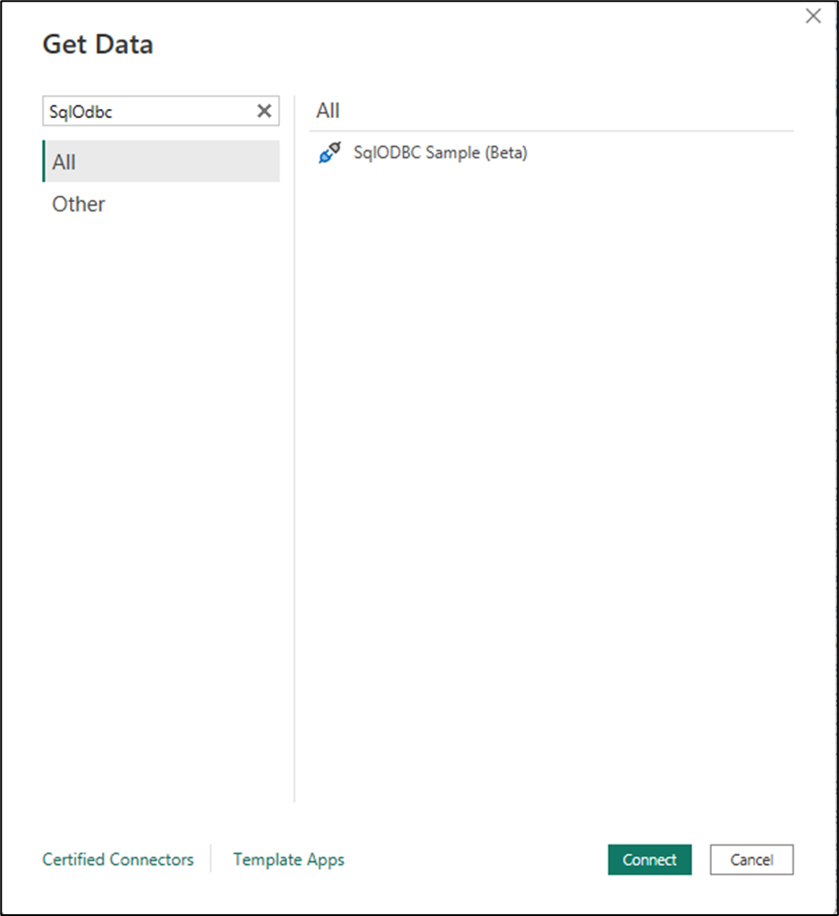 Skærmbillede af connectoren fundet inde i get data-oplevelsen i Power BI Desktop.