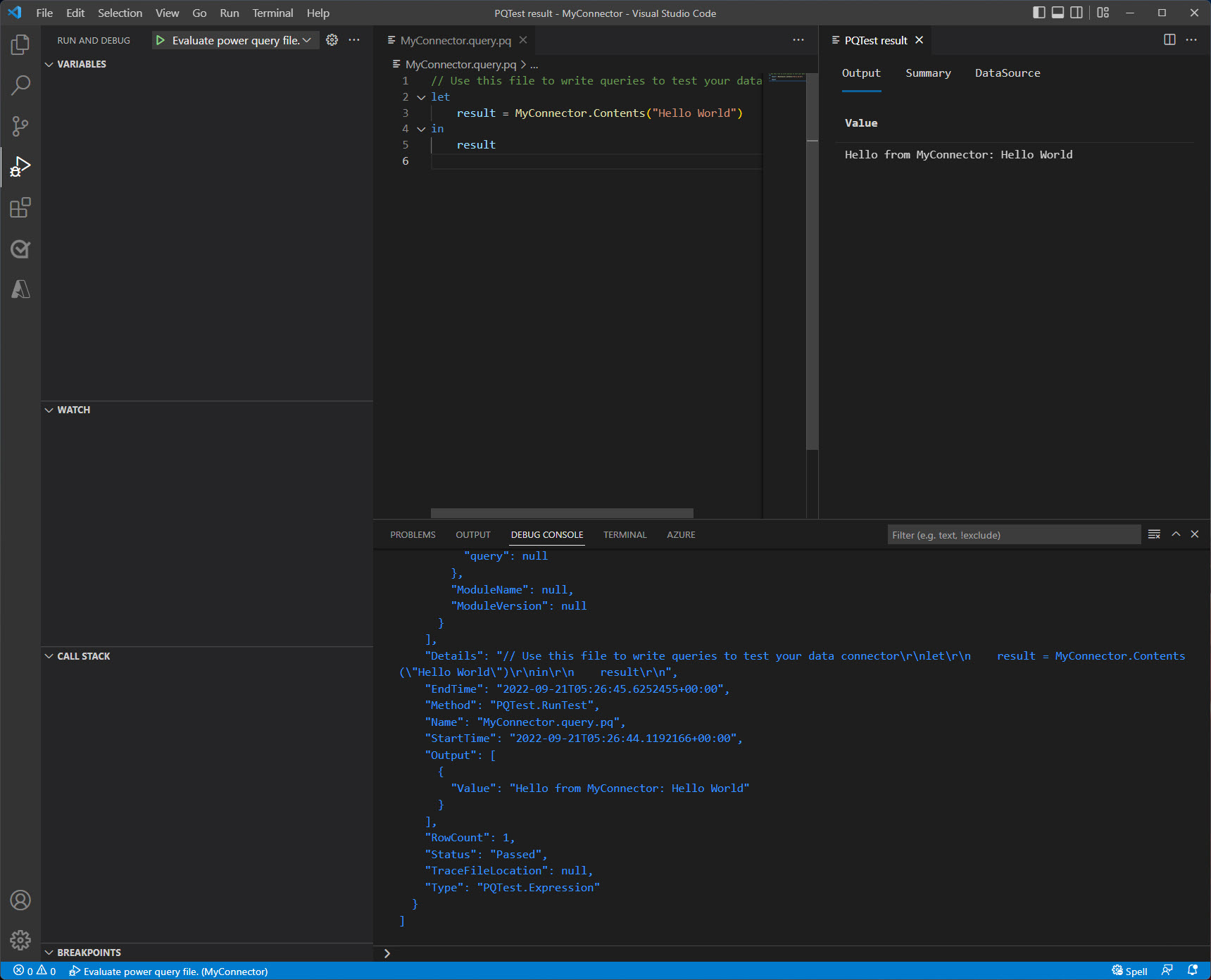 Visual Studio Code-vinduet, efter at evalueringen er afsluttet, og som viser outputtet i konsollen og resultatpanelet.