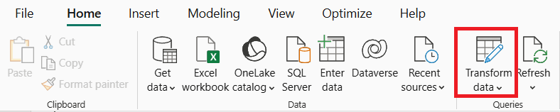 Skærmbillede af startlinjen i Power BI med knappen Transformér data markeret.