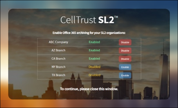 Screenshot of the CellTrust SL2 connector configuration page showing organizational units (OUs) enabled for archiving in Microsoft 365.