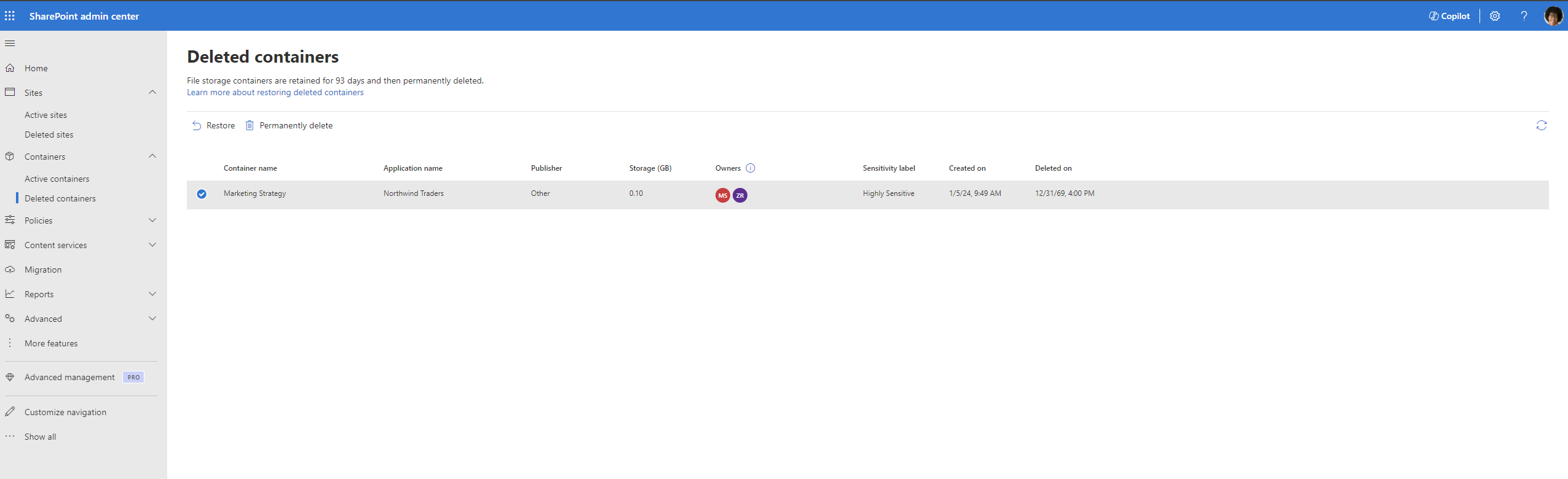 Restore link on the Deleted containers page for a selected container.