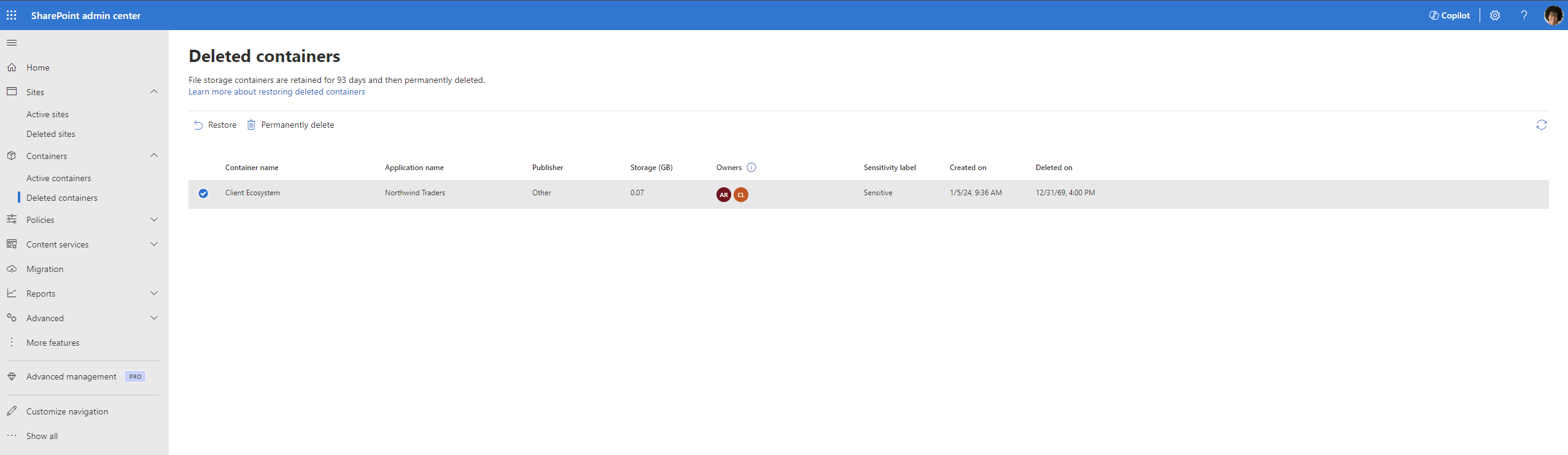 Permanently delete action enabled on the Deleted containers page for a selected container.