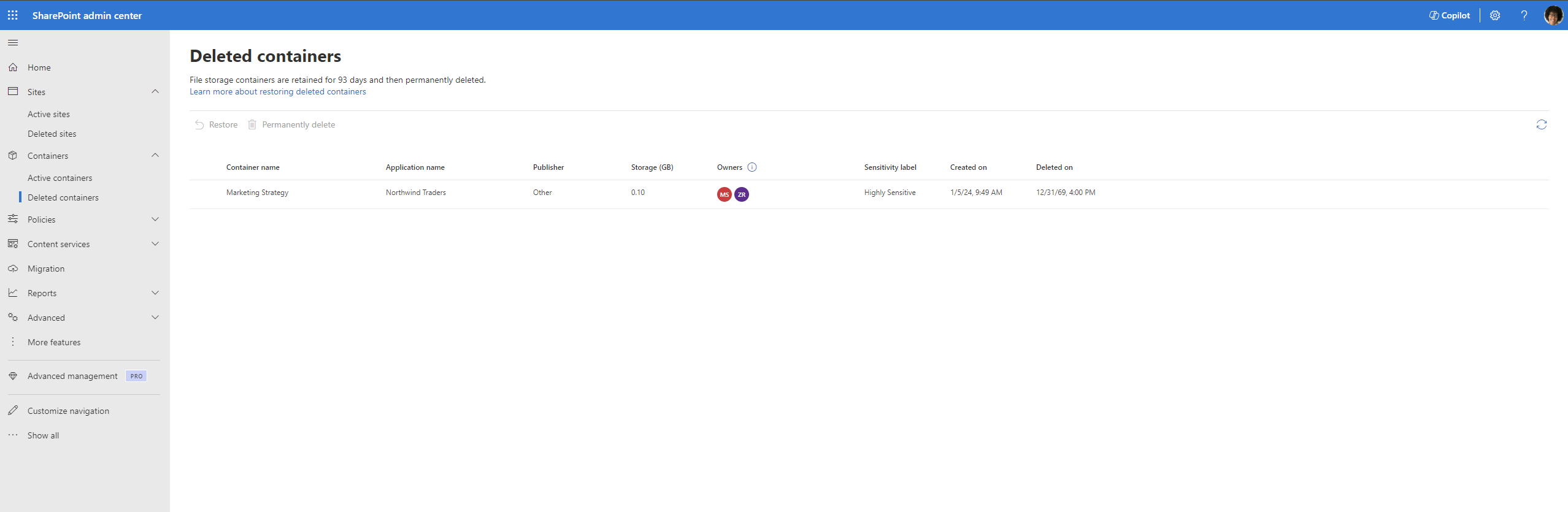 Deleted containers page listing containers with a Deleted on column added.