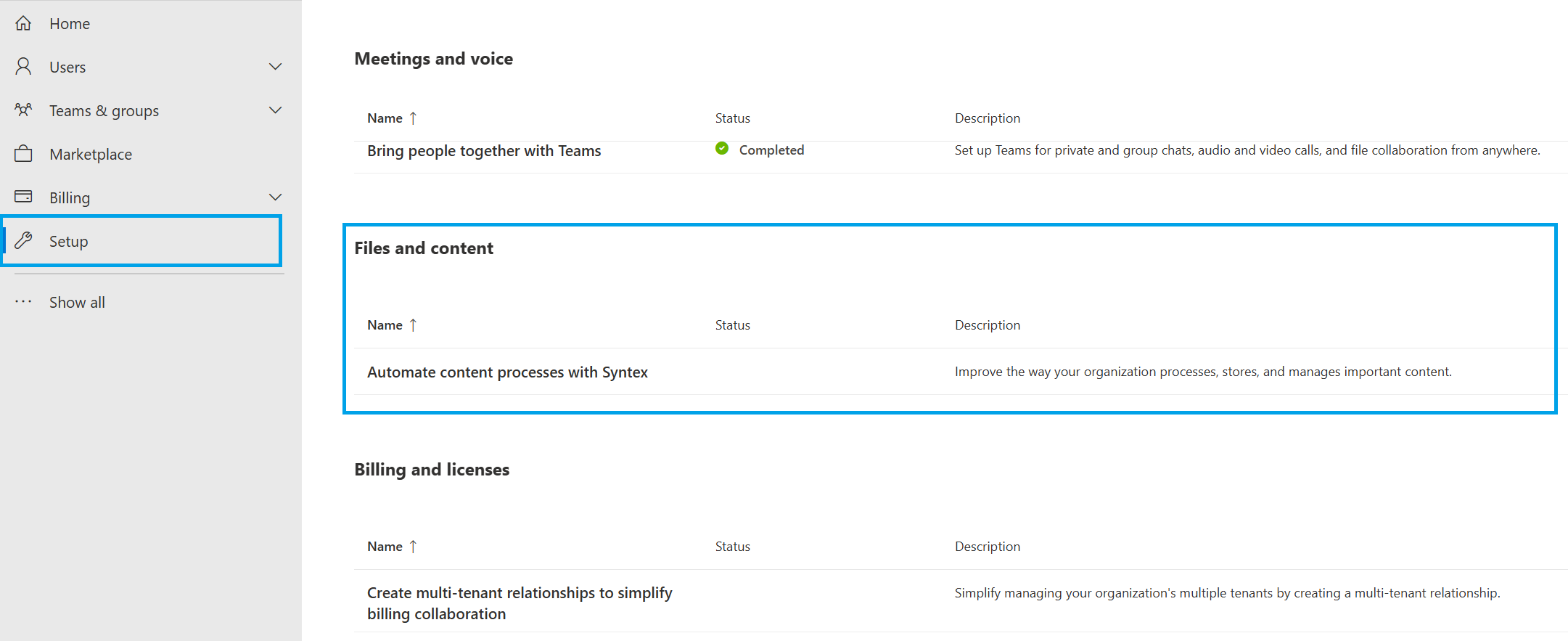 Microsoft 365 admin center Files and Content section with the Automate Content with Microsoft Syntex option.
