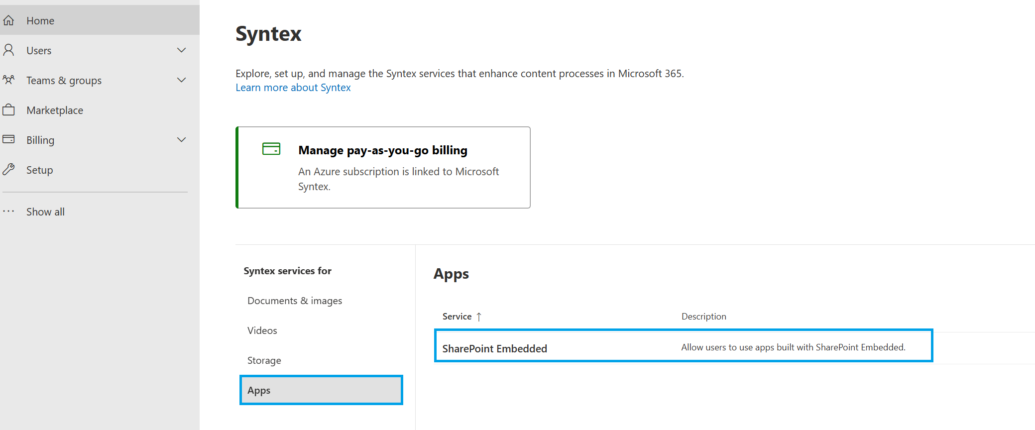 Syntex settings Apps view with SharePoint Embedded selected to configure billing.