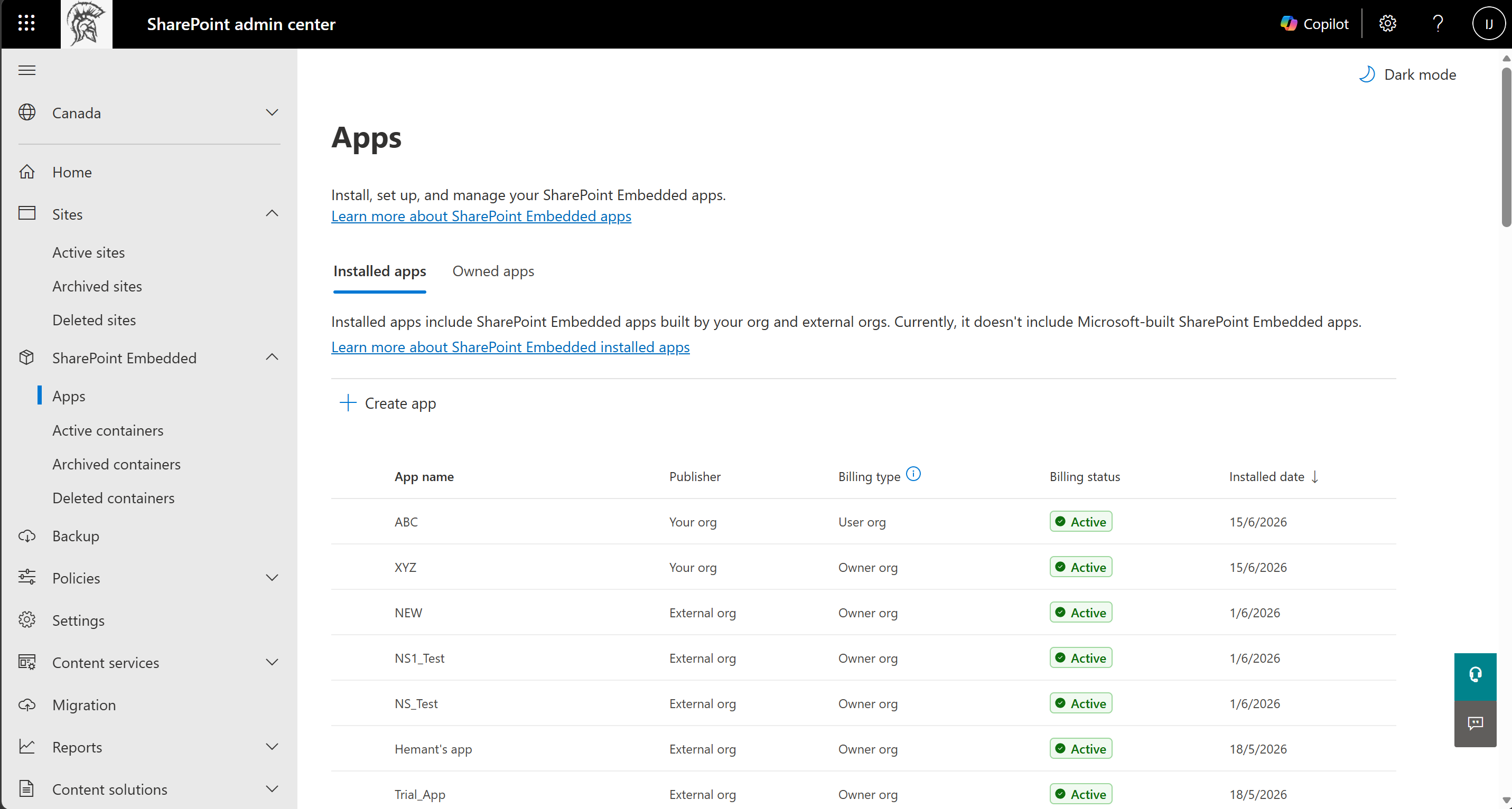 SharePoint admin center Apps page on the Installed apps tab, listing installed apps with columns for app name, publisher, billing type, billing status, and installed date.