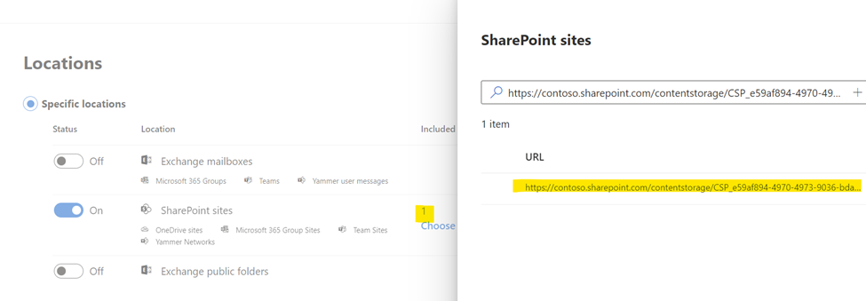 Microsoft Purview eDiscovery search using Choose sites under the SharePoint sites workload to target a specific container URL.