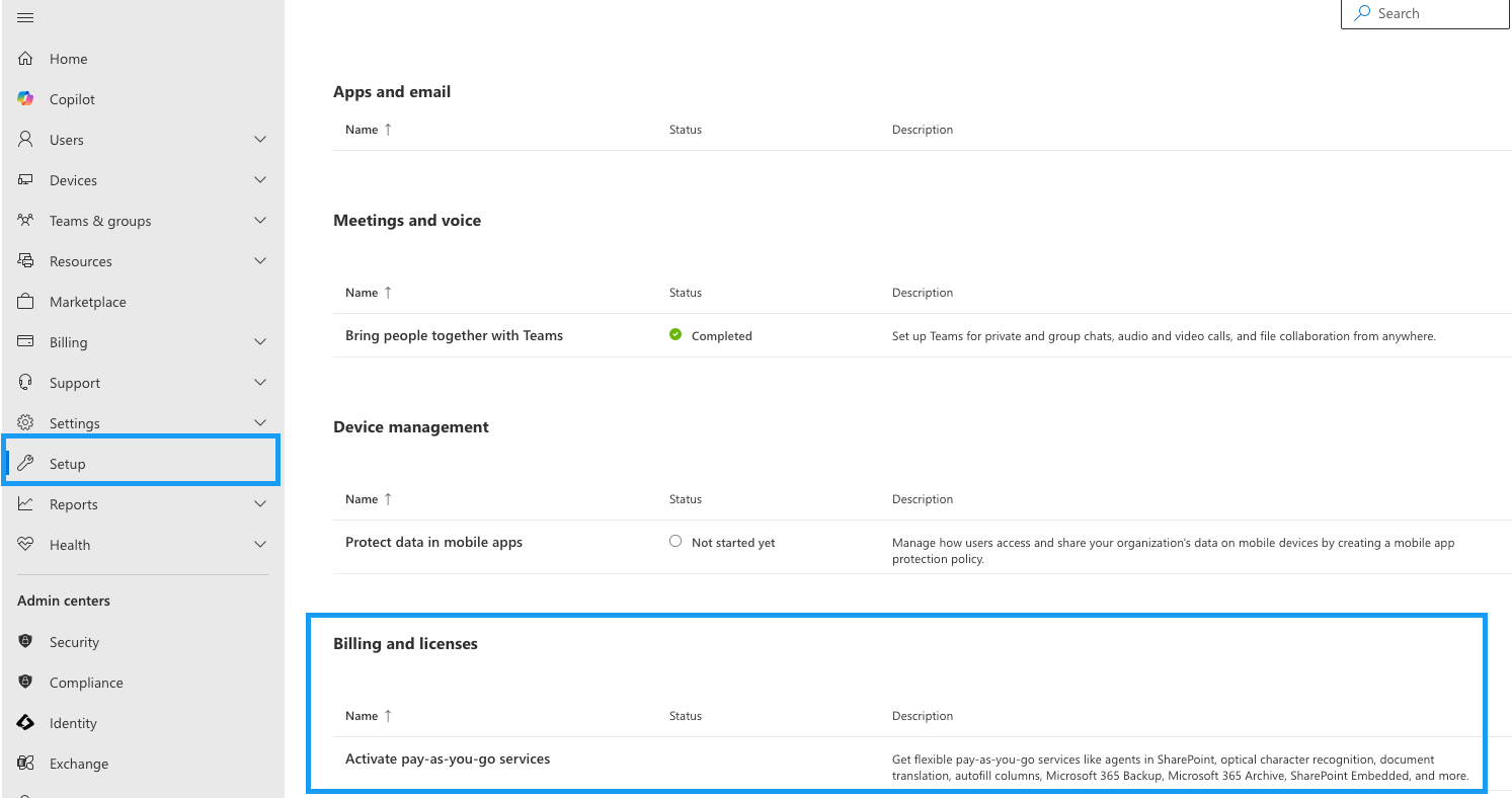 Microsoft 365 admin center Billing and licenses section with the Activate pay-as-you-go services option.