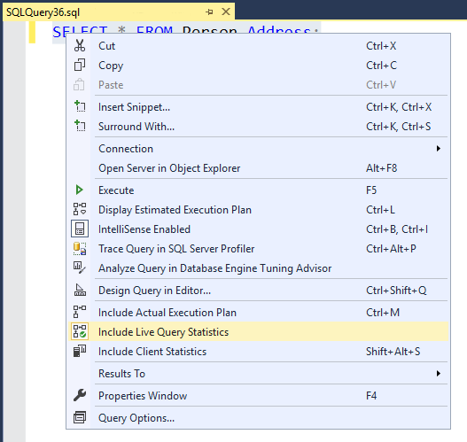 Screenshot from SQL Server Management Studio, showing the Live Query Stats button on popup menu.