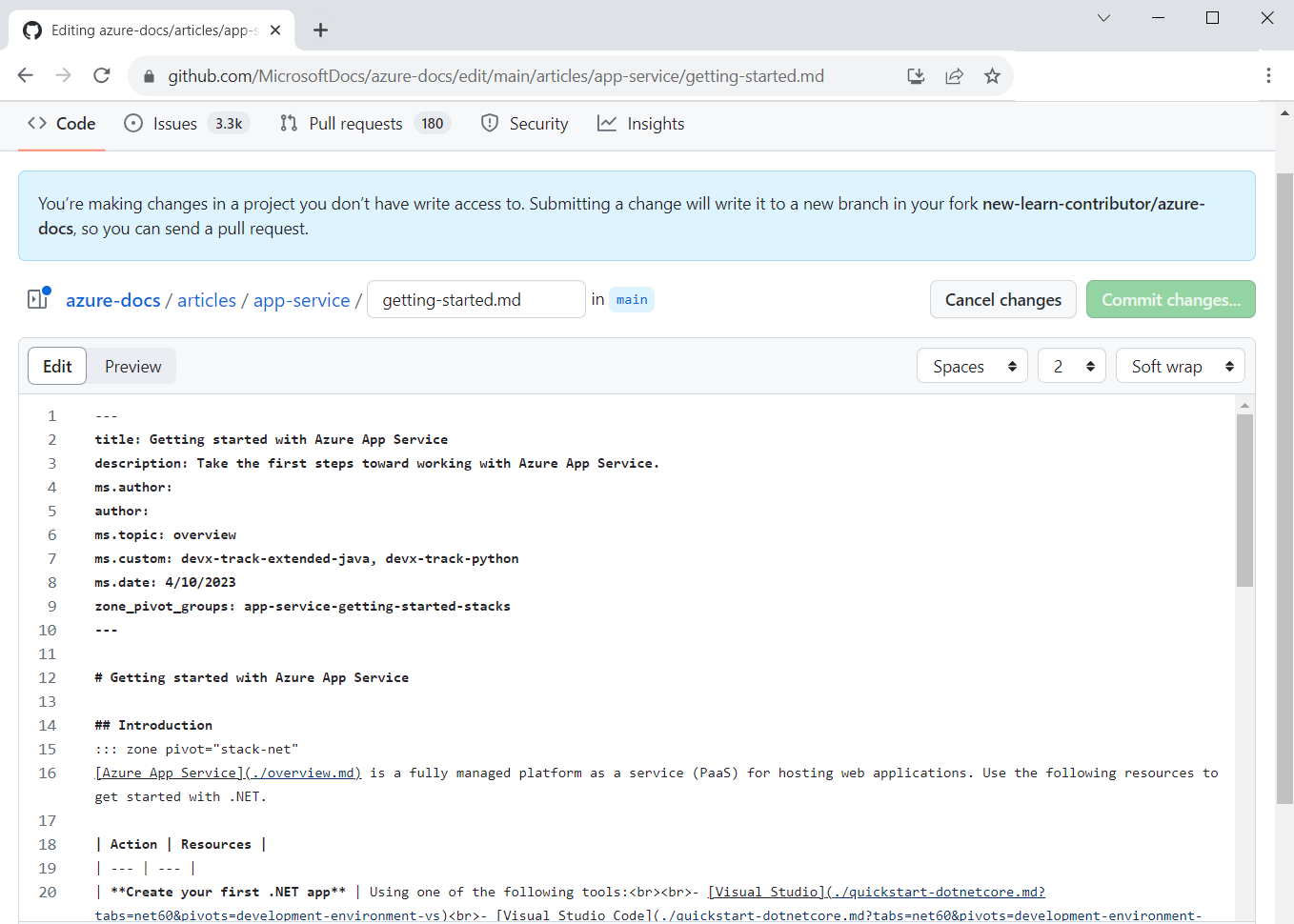 Skærmbillede af en browser med en dokumentationsartikel skrevet i Markdown-syntaks, som kan redigeres i ruden Rediger.