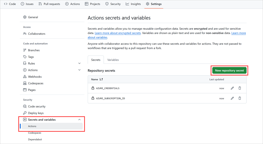 Skærmbillede af GitHub-portalgrænsefladen til oprettelse af en hemmelighed.