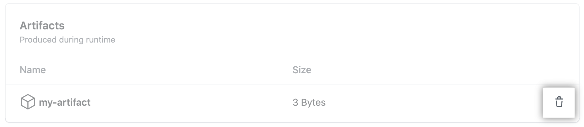 Skærmbillede, der viser skraldespandsikonet for at slette en artefakt på GitHub.