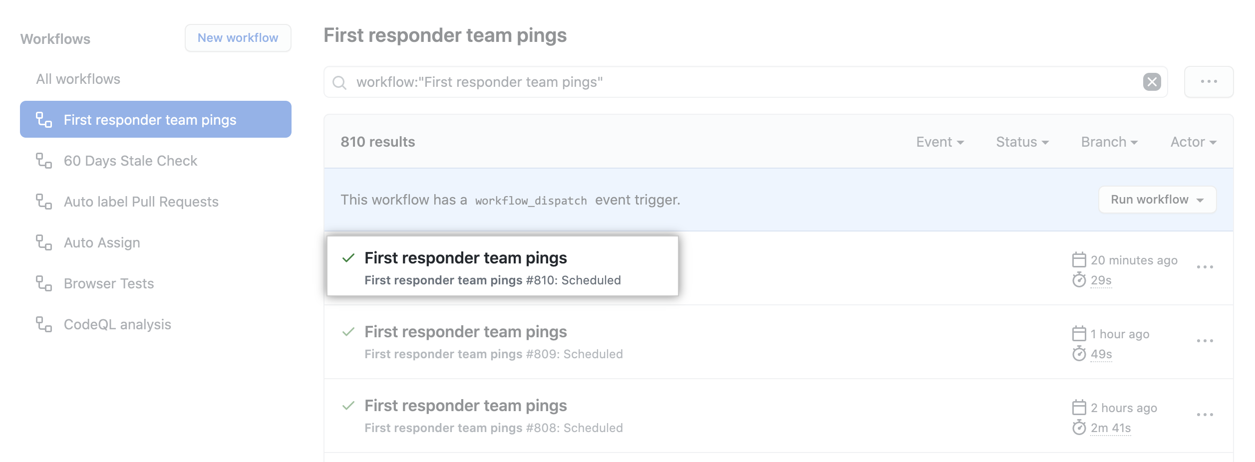Skærmbillede, der viser et eksempel på kørsel af en arbejdsproces på GitHub.