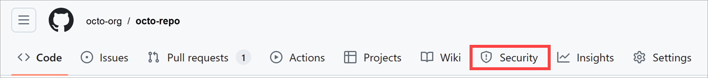 Skærmbillede, der viser, hvor du kan finde fanen Sikkerhed i GitHub.