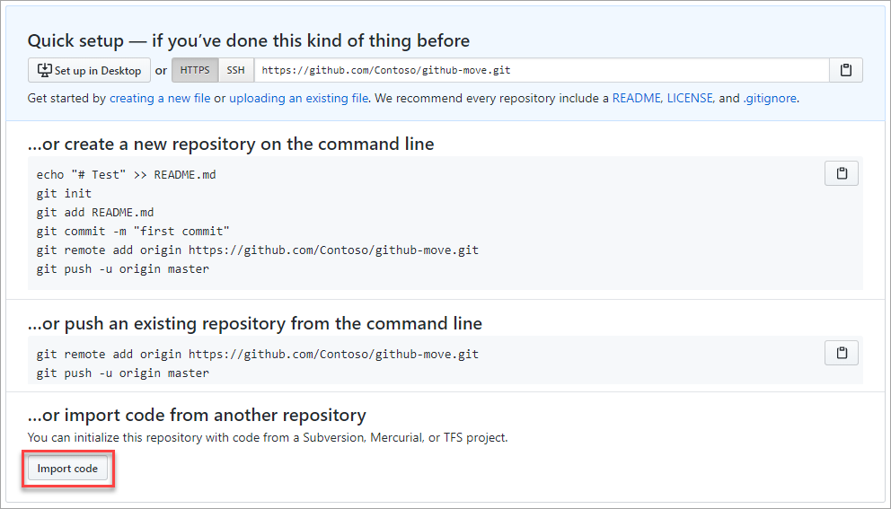 Skærmbillede af import af kode til et GitHub-lager.