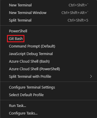 Skærmbillede af terminalvinduet i Visual Studio Code, der viser rullelisten Vælg shell.