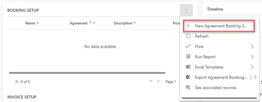 Screenshot of an agreement with the New Agreement Booking Setup command highlighted.