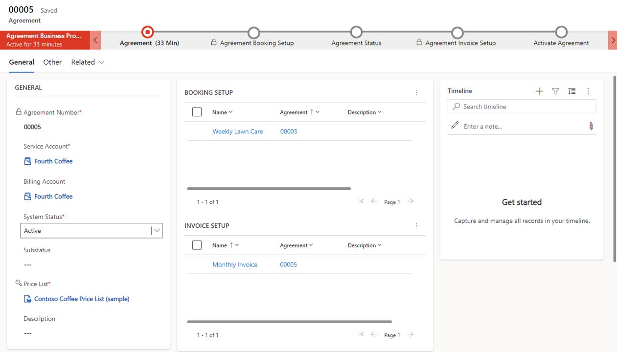 Screenshot showing an agreement after activation with its completed status and scheduling details.