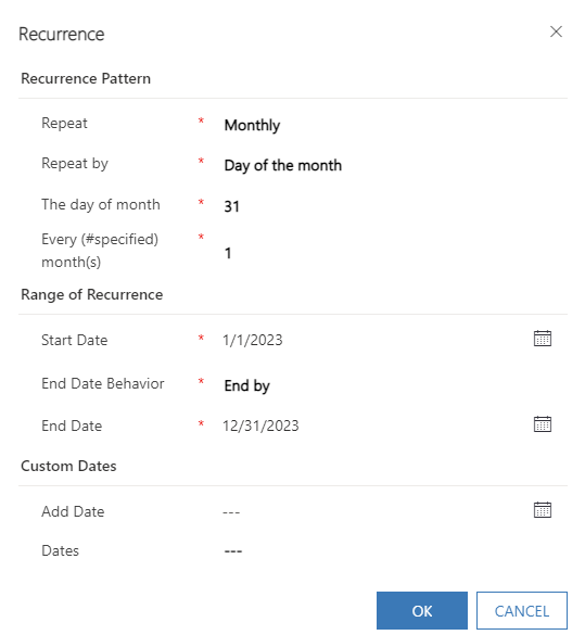 Screenshot showing a monthly booking recurrence pattern with its date range and schedule settings.