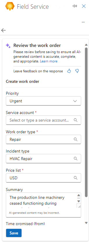 Screenshot of the Dynamics 365 Field Service Outlook pane displaying an AI-generated work order with prepopulated fields for priority, service account, work order type, incident type, price list, and summary.