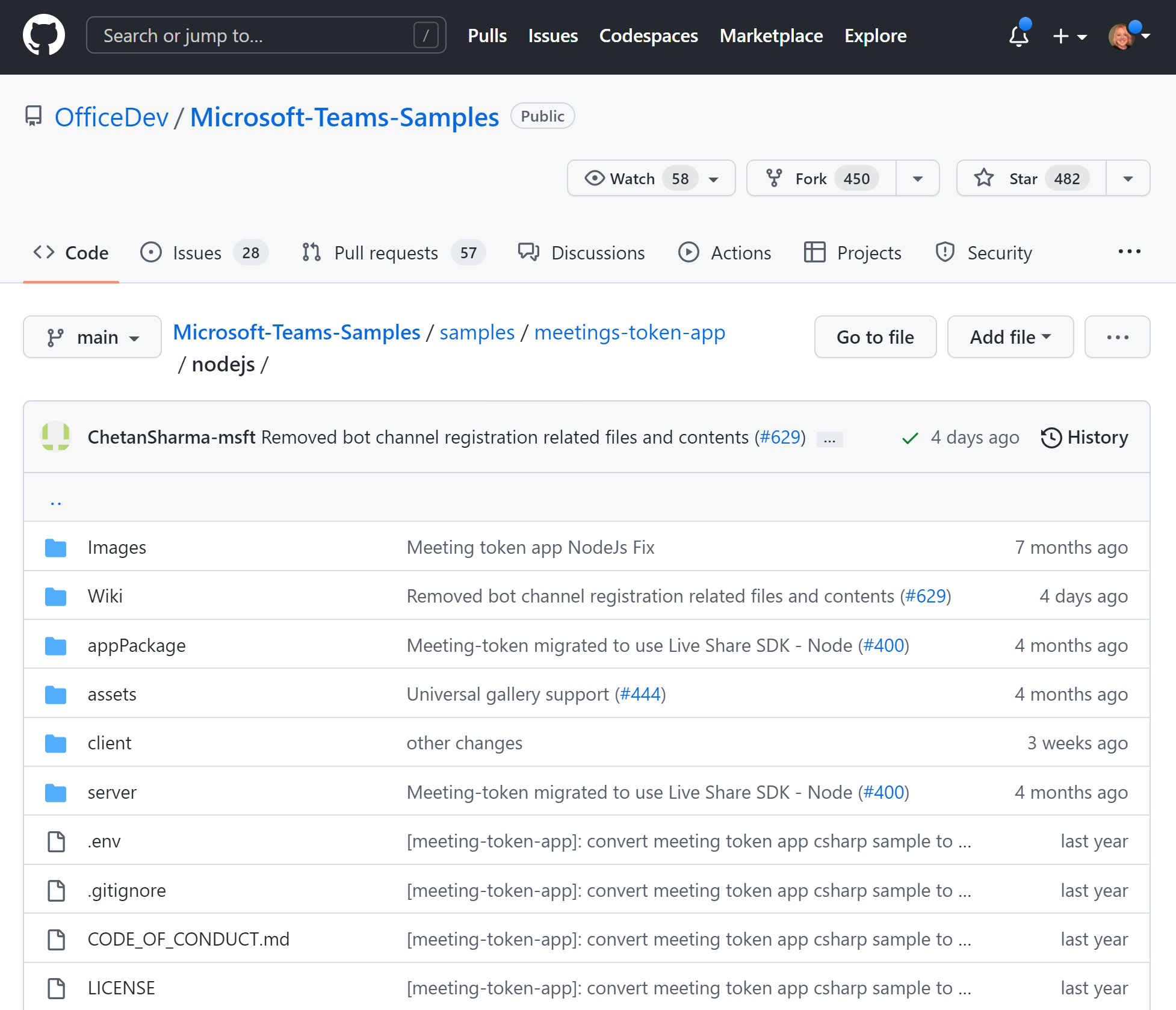 Skærmbillede af GitHub-kodeobjektet til mødetokenprogram til Teams-