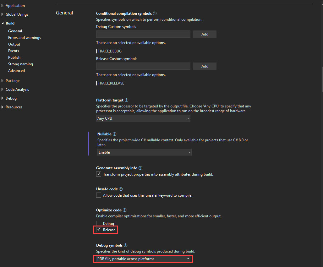 GeneratePDBsForDotNet Screenshot that shows the Build properties page.