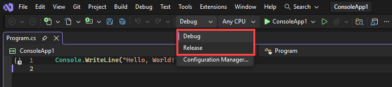 ToolbarBuildConfiguration Screenshot that shows the build configurations on the toolbar.
