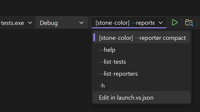Screenshot showing command line arguments dropdown with history and an option to open relevant settings