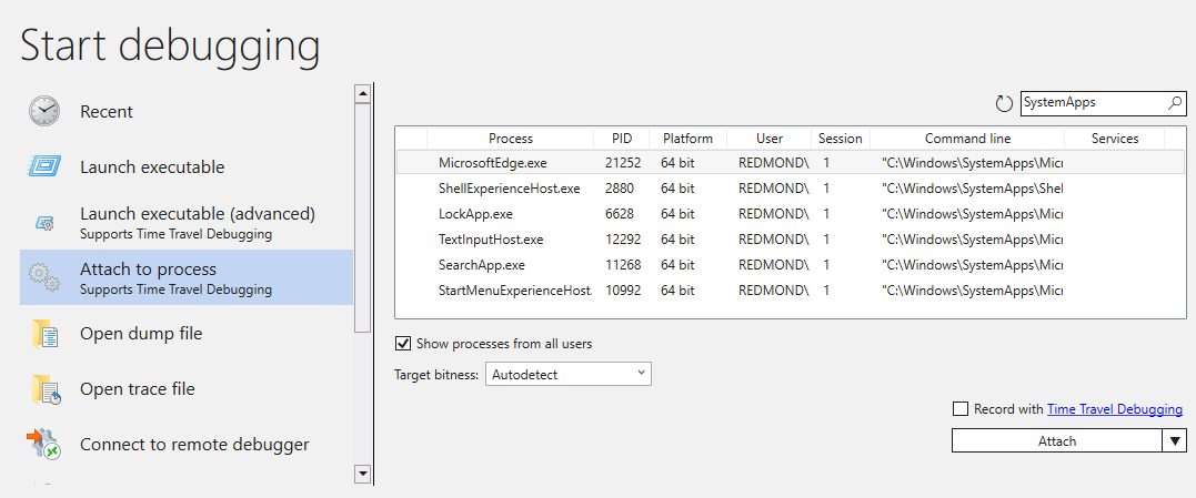 Screenshot of the Attach to process dialog with process list and options.