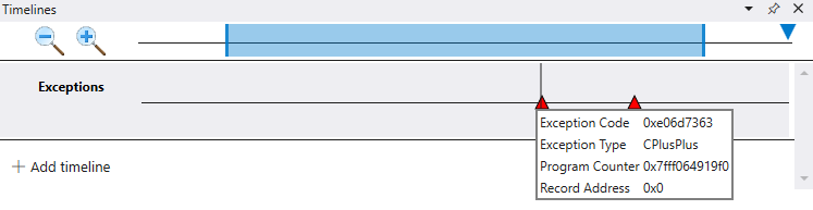 Screenshot of a timeline in the debugger displaying exceptions with information on a specific exception code.