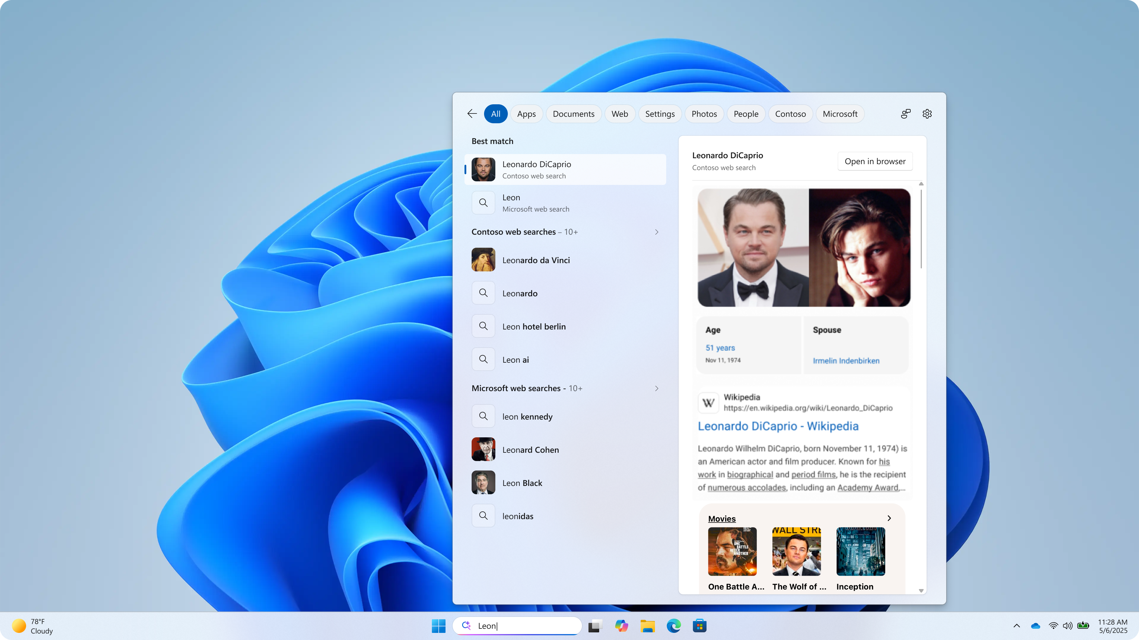 Screenshot of the Windows Search UI with 3rd party search provider integration.