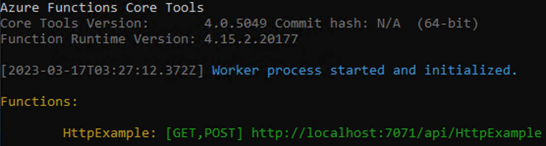 Screenshot der Ausgabe des Terminalfensters beim lokalen Ausführen der Funktion.