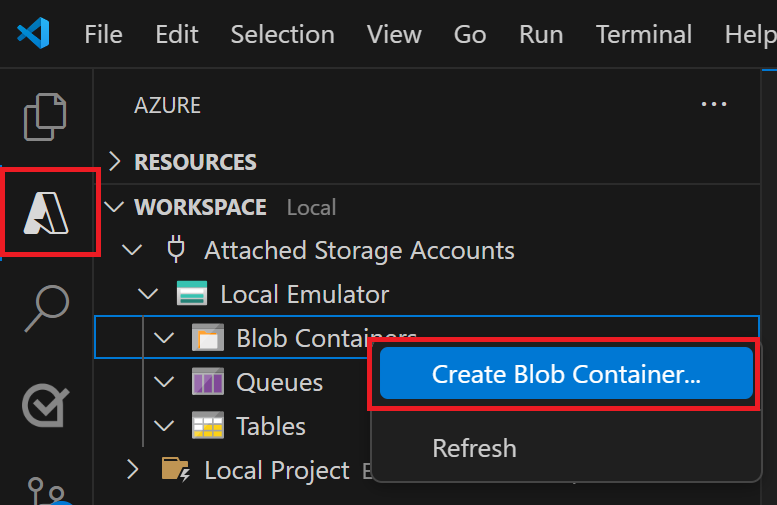 Screenshot, der zeigt, wie Sie in der lokalen Emulation in Visual Studio Code „Blob-Container erstellen&nbsp;…“ auswählen.