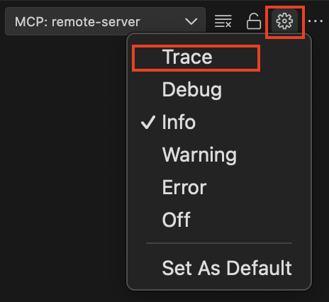 Screenshot der MCP-Servereinstellungen mit ausgewählter _Trace_-Protokollebene. 
