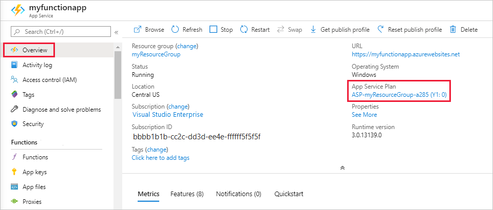 Screenshot: Link „App&nbsp;Service-Plan“ auf der Übersichtsseite einer Funktions-App