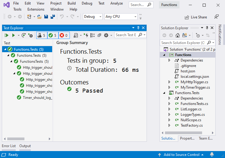 Screenshot von Visual Studio. Der Test-Explorer zeigt, dass fünf Tests bestanden wurden. Im Projektmappen-Explorer sind die Projekte 