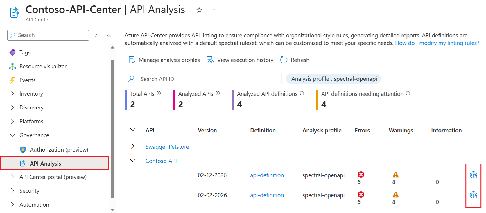 Screenshot der API-Analysezusammenfassung im Portal.